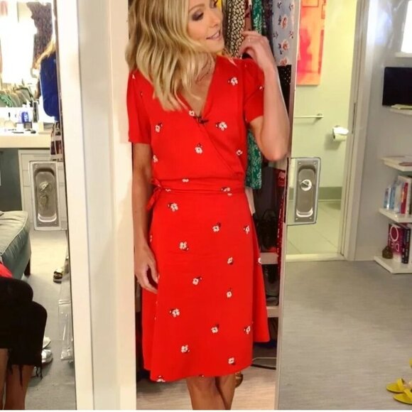 POPSUGAR SZ XS Red Floral Print Short-sleeve Faux Wrap Dress - Picture 10 of 10